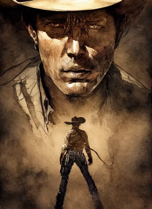Image similar to portrait, a last stand of a cowboy, watercolor, dramatic lighting, cinematic, establishing shot, extremely high detail, foto realistic, cinematic lighting, pen and ink, intricate line drawings, by Yoshitaka Amano, Ruan Jia, Kentaro Miura, Artgerm, post processed, concept art, artstation, matte painting, style by eddie mendoza, raphael lacoste, alex ross