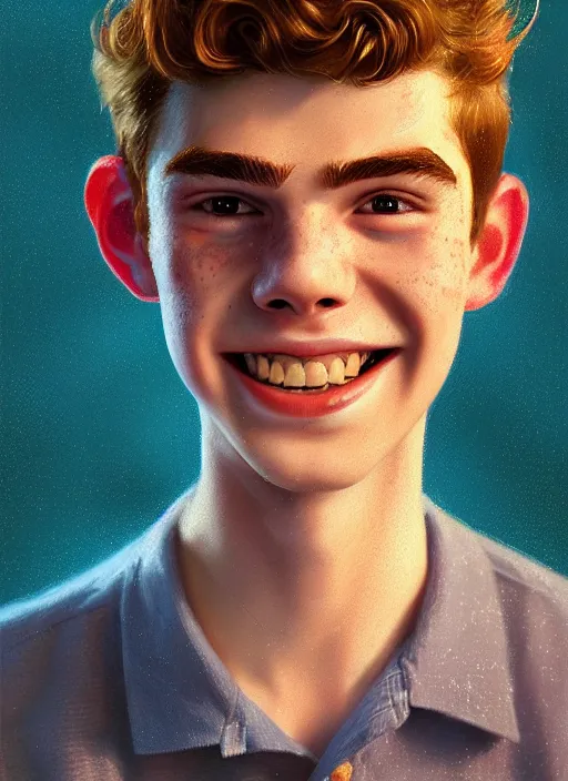 Image similar to portrait of teenage archie andrews, freckles, curly middle part haircut, curly hair, smiling kindly, friendly, 1 9 5 0 s, intricate, elegant, glowing lights, highly detailed, digital painting, artstation, concept art, smooth, sharp focus, illustration, art by wlop, mars ravelo and greg rutkowski