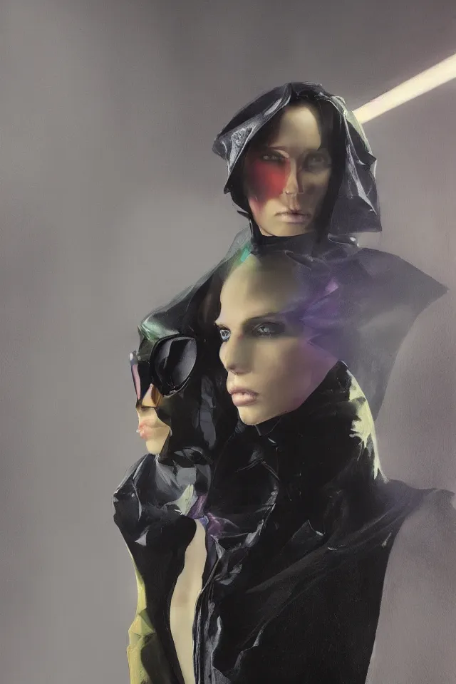 Image similar to digital fashion, androgynous person face covered, tactical poncho latex rags, techwear, iridiscent light, high key, cinematic lighting at night, neon, phil hale, boris vallejo, alberto mielgo, patrick o'keeffe