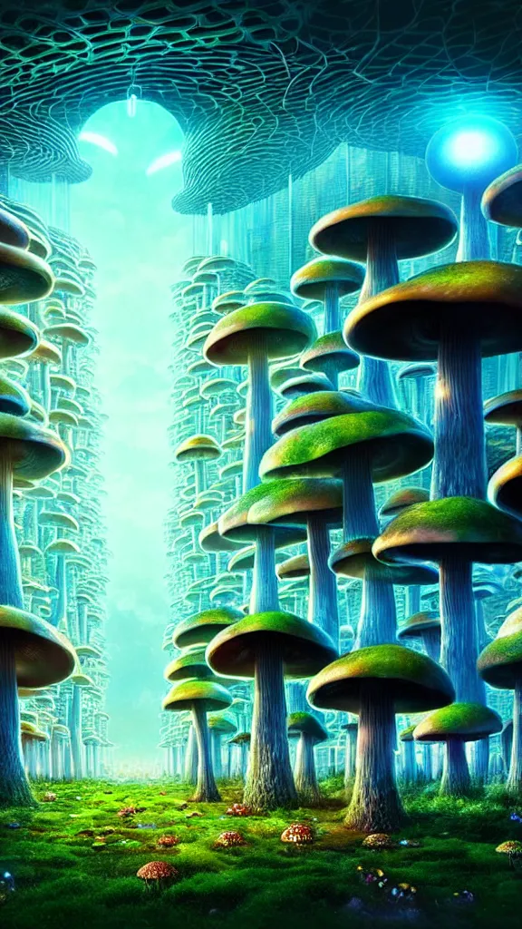 Prompt: a single centered magnificent mushroom skyscraper hotel, heavily populated and full of life, bioluminescent magical mushrooms, mushroom fairy forest solarpunk city, unreal engine 5, immense sense of scale, digital art, by beeple, by noriyoshi ohrai, trending on artstation