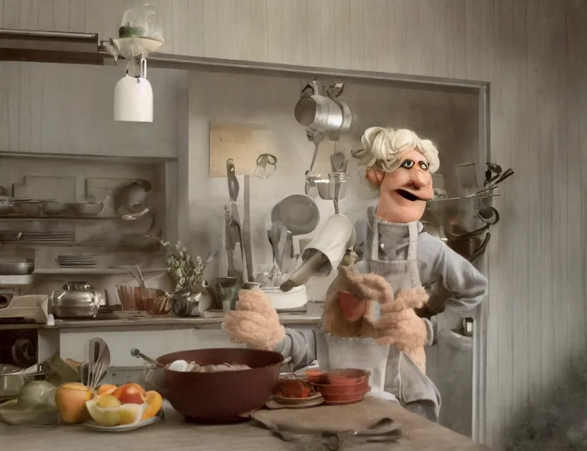 Prompt: muppet swedish chef cooking in a kitchen in country house, cottage core, cinematic focus, polaroid photo bleached vintage pastel colors high - key lighting, soft lights, foggy, by steve hanks, by lisa yuskavage, by serov valentin, by tarkovsky, 8 k render, detailed, oil on canvas