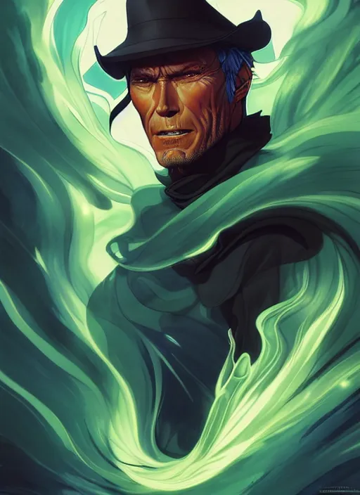 Image similar to style artgerm, joshua middleton, illustration, clint eastwood as a high priest wearing green pelt light armor, anime eyes, blue hair, swirling water cosmos, fantasy, dnd, cinematic lighting