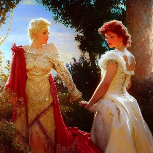 Prompt: painting of prince william marrying attractive marilyn monroe, painting at the victoria and albert museum, highly detailed painting by gaston bussiere, craig mullins, j. c. leyendecker 8 k