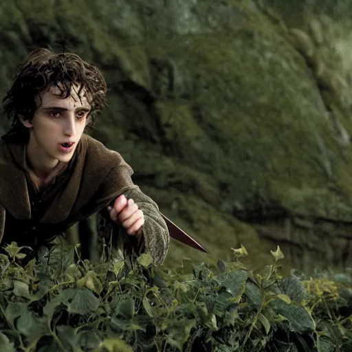 Prompt: action 7 0 mm photo still from lord of the rings of timothy chalamet as a winged pixie with a dagger, photo by philip - daniel ducasse and yasuhiro wakabayashi and jody rogac and roger deakins