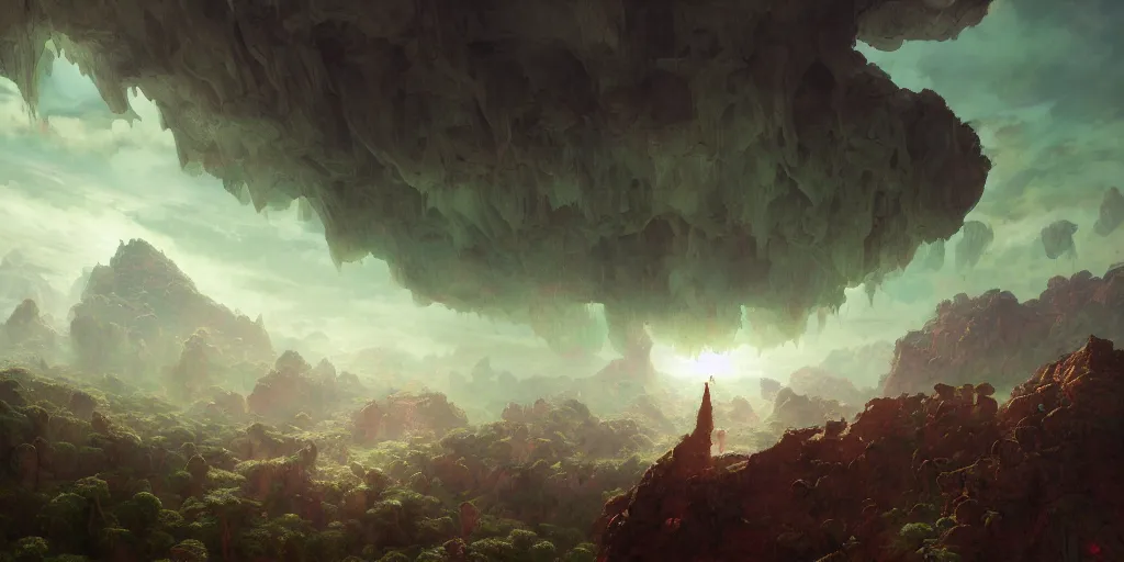 Image similar to bytopia planescape huge cave ceiling clouds made of green earth towns, villages castles, buildings inverted upsidedown mountain artstation surreal dreamlike inception illustration sharp focus sunlit vista painted by ruan jia raymond swanland lawrence alma tadema zdzislaw beksinski norman rockwell tom lovell alex malveda greg staples