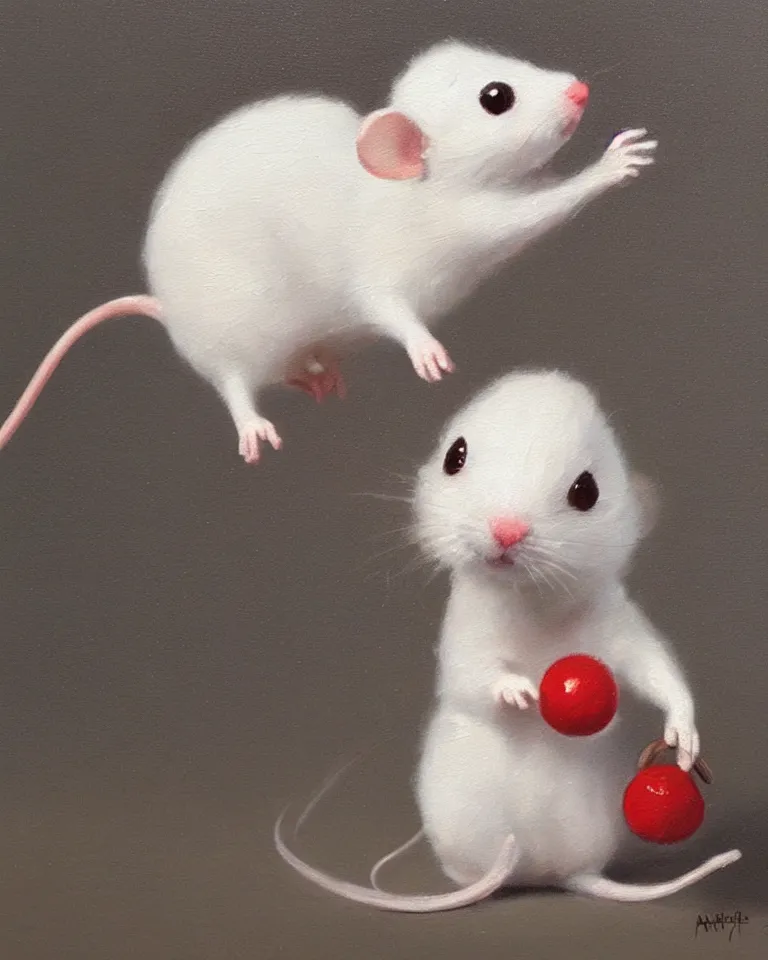 Prompt: an old oil painting of a cute white mouse standing on two legs and holding a round bell, trending on artstation