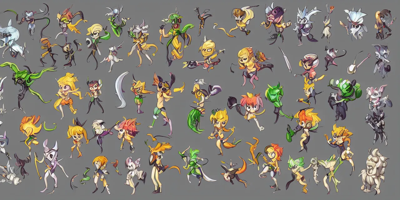 Prompt: game asset sheet, 2 d sprite, mid - century classical era chibi monsters cute lovable tricksters darkness vs light