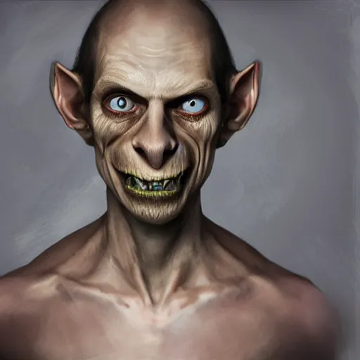 Prompt: An unsettlingly realistic portrait of a hybrid of Asmongold and Gollum.