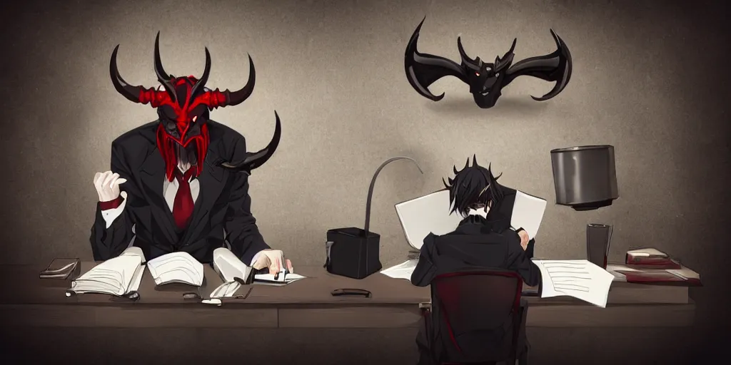 Image similar to dark lord sitting at desk large horns and suit, medium shot, portrait, semi realistic anime, red demon cyberpunk symbols