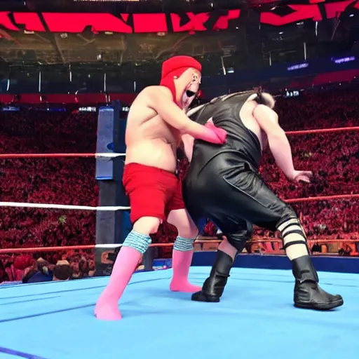 Image similar to a among us character faces off against a fall guys character in a wwe match.