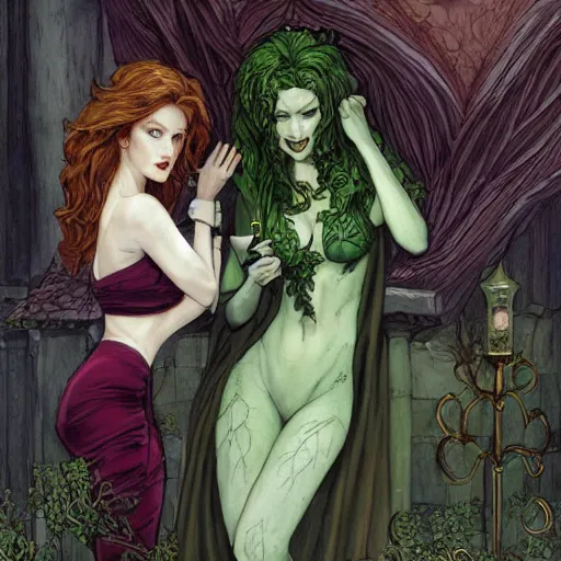 Prompt: a beautiful picture of doctor poison ivy professor of botany and doctor liliana vess professor of demonology having lunch, academic clothing, dark eyeliner, intricate, elegant, highly detailed, digital painting, artstation, concept art, matte, sharp focus, illustration, art by rebecca guay and by jacque louis david, in the style of magic the gathering