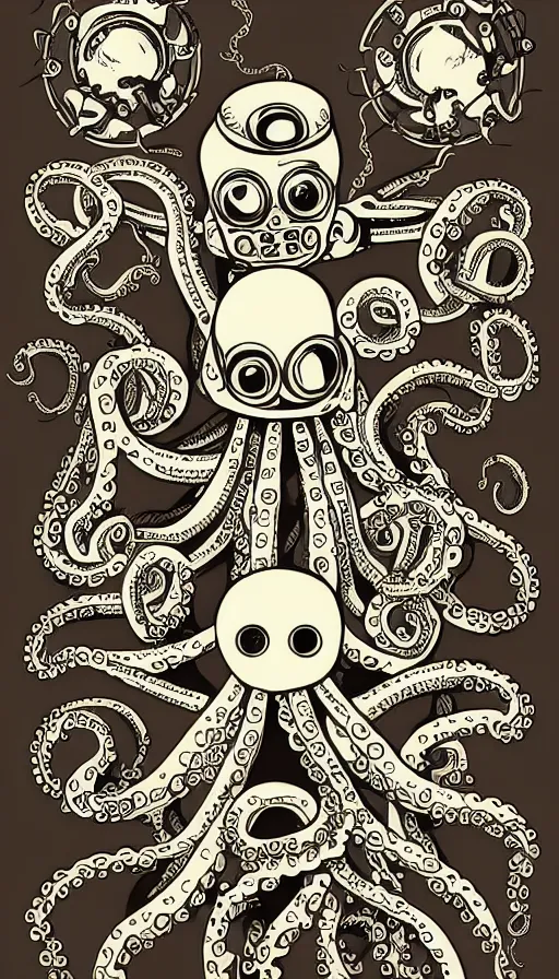 Prompt: robot with octopus tentacles, hand drawn illustration, antique style poster, highly detailed vector art