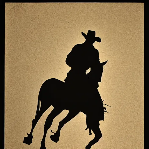 Prompt: siluette of a cowboy outlaw sitting on a horse. serigraph. screen - printed on top of a photograph. sun - bleached highlights. sanded surface in soft colors