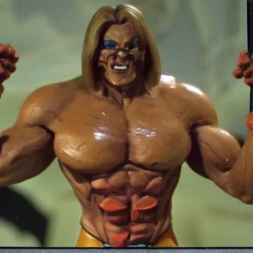 Image similar to creepy muscular he-man villain creature toy from a bad 90s commercial, distorted vhs footage