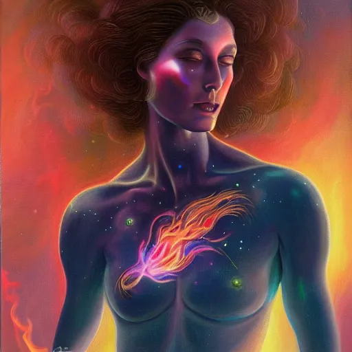 Image similar to A beautiful painting of a female cosmic being with flames as her body by Jim Burns, 8K, ultra-detailed , Trending on artstation.