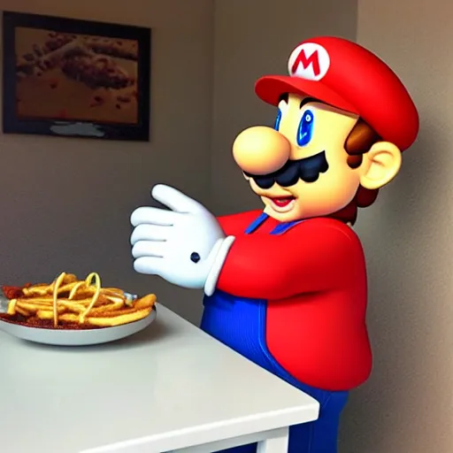 Prompt: Mario eating a chilidog