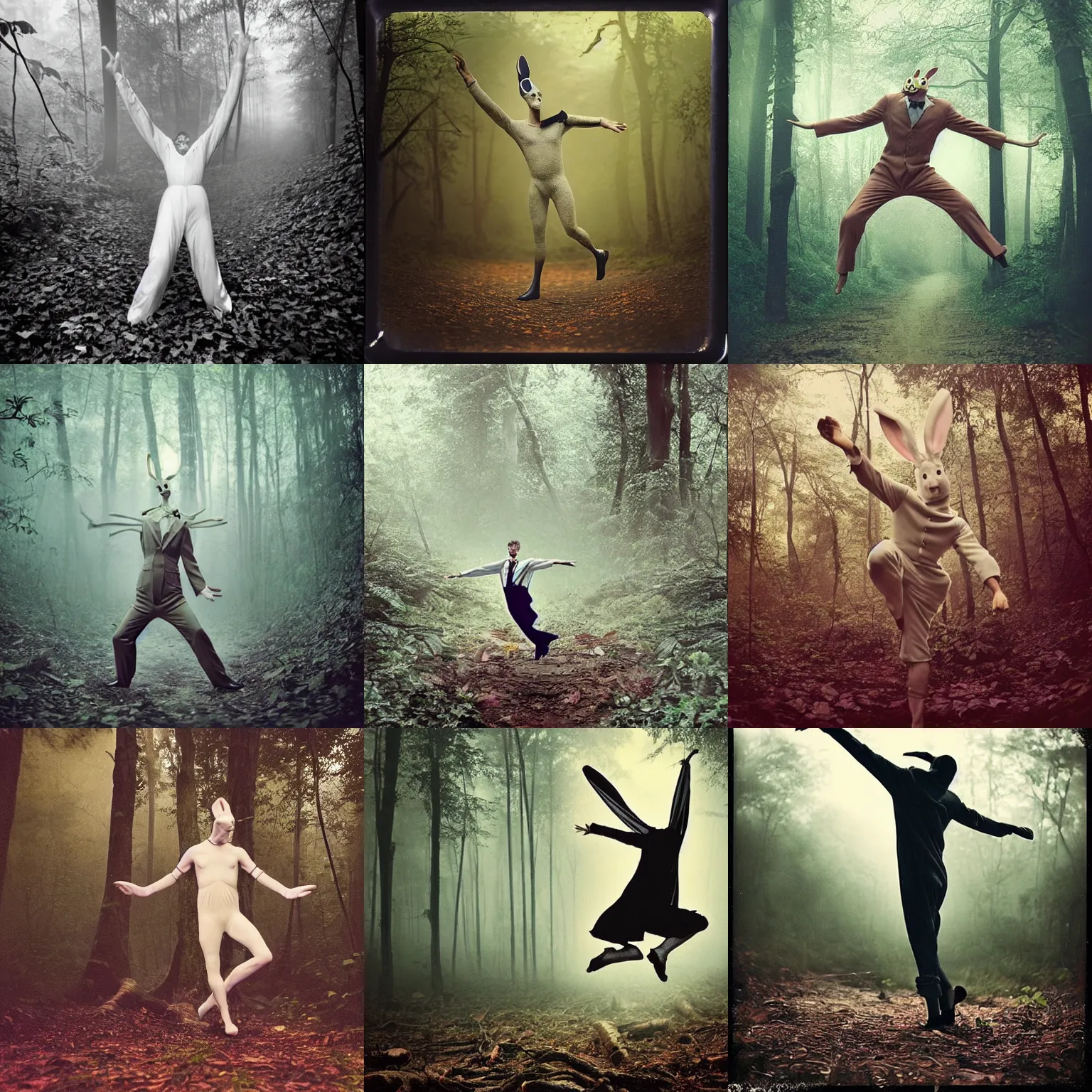 Prompt: 1960!! epic pose!!! Whimsical dancing man in bunny suit , in deep forest jungle , full body , Cinematic focus, Polaroid photo, vintage , neutral dull colors, soft lights, foggy sunset , by oleg oprisco , by national archives, by discovery channel, by victor enrich , by gregory crewdson