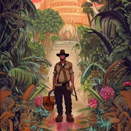 Image similar to portrait indiana jones with a temple in the rainforest in the back by james jean