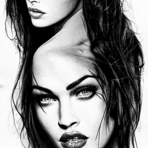 Image similar to tattoo sketch of megan fox's face blended in amazing mountain scenery, in the style of dan mountford