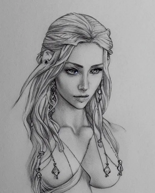 Image similar to tattoo sketch of beautiful greek goddess aphrodite with arrowhead earrings, beautiful piercing eyes, flowing blonde hair, realistic face, hyper realistic, in the style of greg rutkowski, fantasy, amazing detail, epic, intricate, elegant, smooth, sharp focus