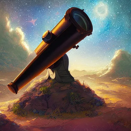 Prompt: modern binocular telescope looking at the galaxy sky, hearthstone coloring style, artwork by greg rutkowski, epic fantasy style art, fantasy epic digital art