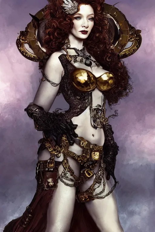 Prompt: three-quarters pose portrait of Christina Hendricks as a sensual Lady Mechanika, very beautiful young woman, ginger wavy hair, Victorian-era push-up underwire. Intricate, concept art, steampunk imagery themed, D&D!, fantasy style, sharp focus!, ultra detailed, art by Artgerm and Peter Andrew Jones, WLUP, Magali Villeneuve