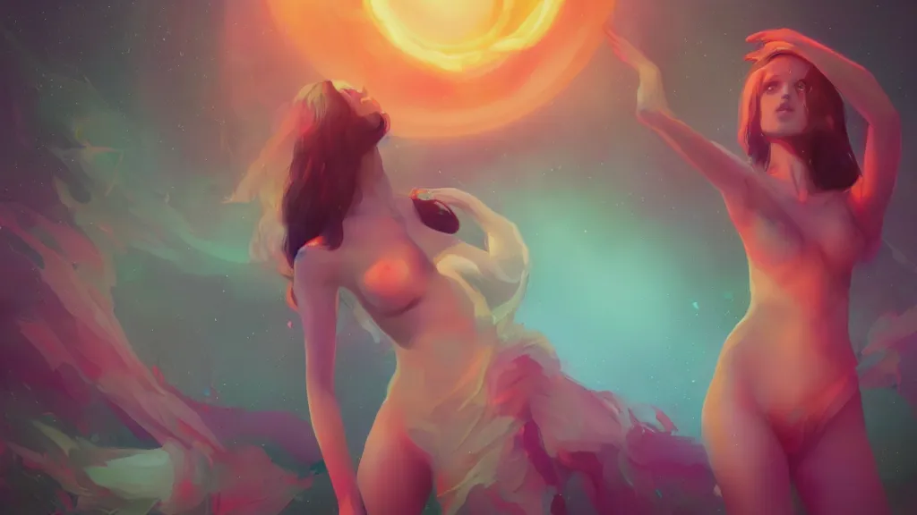 Image similar to beautiful seductive women standing in a lake reaching for the sky, underneath a multi-colored binary blackhole with an accretion disc, by Lois van Baarle, by Greg Rutkowski, by artgerm, by beeple, cinematic angle, volumetric lighting, 4k resolution, octane render, trending on artstation