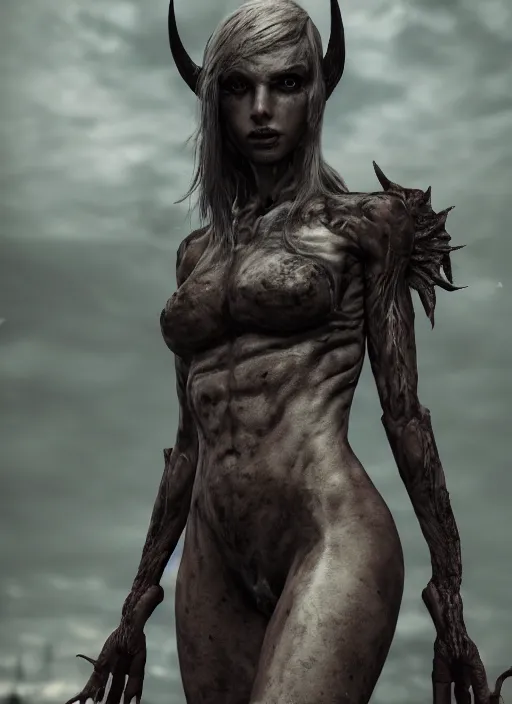 Image similar to female demon by Felix englund, full body, detailed, 8k, dark, trending on artstation, felix englund style, high resolution, Rutkowski , Sung Choi , Mitchell Mohrhauser, Maciej Kuciara, Johnson Ting, Maxim Verehin, Peter Konig, Bloodborne, 8k photorealistic, cinematic lighting, HD, high details, dramatic, atmospheric