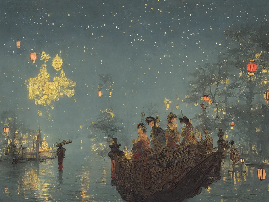 Prompt: antique photo view from the river of a beautiful painting of the lantern festival in a an ancient japanese town, at night with a sky full of stars, intricate, elegant, highly detailed, digital painting, artstation, concept art, by krenz cushart and artem demura and alphonse mucha