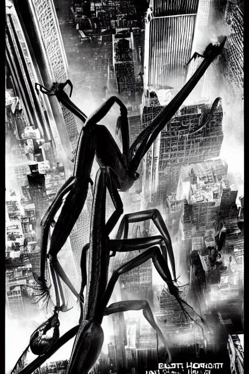 Image similar to a giant praying mantis destroys new york, horror sci - fi black and white poster