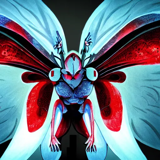 Image similar to 4K headshot of mothman with giant wings , intricate face , flawless anime cel animation by Manabu Oshashi and Satoshi Kon, professionally post-processed , beautiful, scary, symmetry accurate features, epic, octane rendered, anime masterpiece, accurate