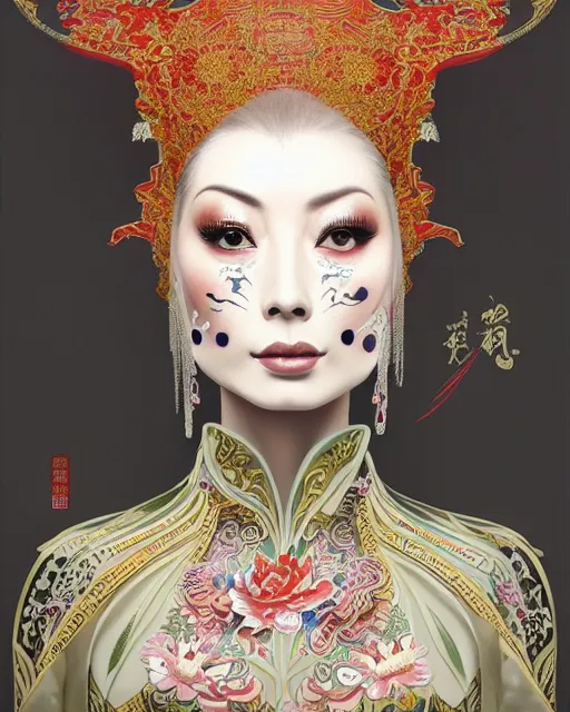 Image similar to portrait of isabelledeltore, machine face, upper half portrait, decorated with chinese opera motifs, asian, fine china, traditional chinese art, intricate, elegant, highly detailed, symmetry, headpiece, digital painting, artstation, concept art, smooth, sharp focus, illustration, art by artgerm and greg rutkowski and alphonse mucha, 8 k