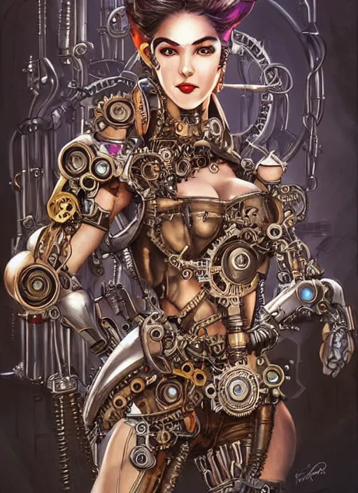 Prompt: front portrait of attractive Lady Mechanika with retro-cyborg arms made of gears and levers, Intrincate steampunk imagery , D&D!, fantasy style, sharp focus!, ultra detailed, art by Artgerm and Peter Andrew Jones, WLUP