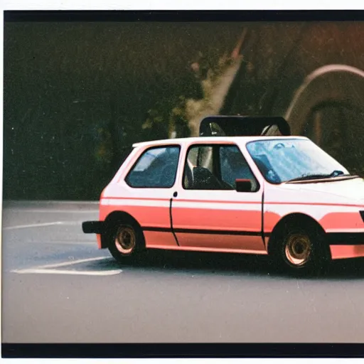 Prompt: a fiat uno in front of thousands of tesla vintage scratched white borders polaroid photo