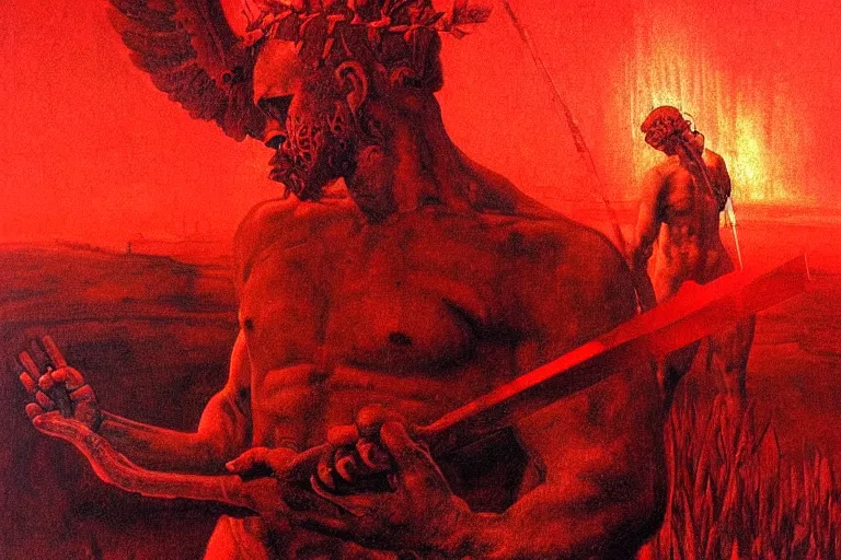 Image similar to only with red, a red melted apollo with a laurel wreath and a flaming sword announce the win, athens in the background, in the style of beksinski, part by hopper, part by rodcenko, part by hofbauer, intricate composition, red by caravaggio, insanely quality, highly detailed, masterpiece, red light, artstation