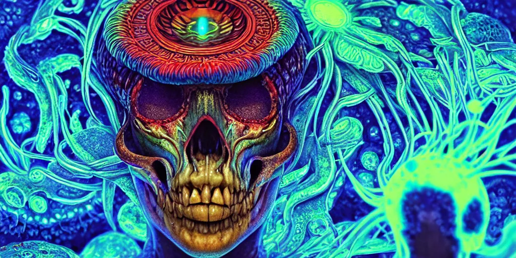 Image similar to psychedelic shaman close-up portrait. amanita muscaria phoenix head, nautilus, insect, skull, ice and fire, bioluminiscent creatures, intricate artwork by Tooth Wu and wlop and beeple. octane render, trending on artstation, greg rutkowski very coherent symmetrical artwork. cinematic, hyper realism, high detail, octane render, 8k