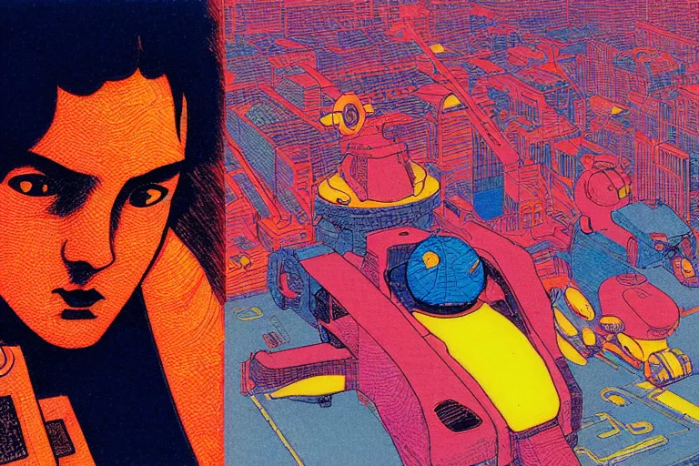 Image similar to risograph grainy drawing vintage sci - fi, satoshi kon color palette, gigantic gundam, 1 9 8 0, kodachrome, natural colors, comicbook spreadsheet, codex seraphinianus painting by moebius and satoshi kon and dirk dzimirsky close - up portrait