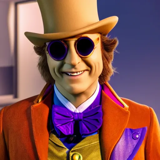 Prompt: still photo of willy wonka, bright studio setting, studio lighting, crisp quality and light reflections, unreal engine 5 quality render