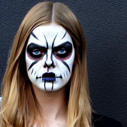 Prompt: <https://s.mj.run/itAxlxx5jkE> female Samara Weaving with skull face paint, symmetrical face, symmetrical body, Symmetrical eyes, perfect face, natural hands and arms, thin legs, holding a shotgun, in an action pose, in an alleyway during The Purge, symmetrical body, realistic body, night time dark with neon colors, fires, horror, Tom Bagshaw, Charlie Bowater, Rafael Albuquerque comic art