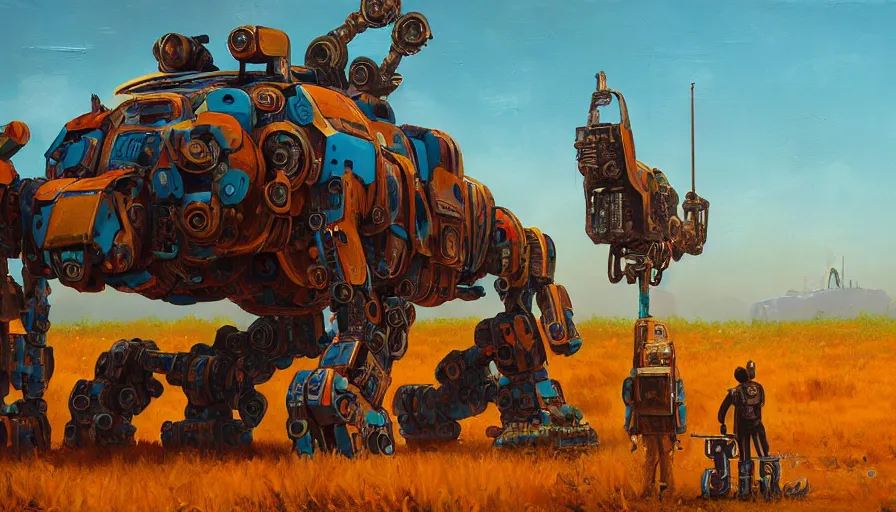 Image similar to an intricate oil painting of a giant south african armored cheetah shaped scrap metal mecha by simon stalenhag, yellow, orange and cyan paint decals