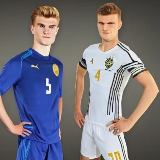 Image similar to a realistic detailed photo of a guy who is an attractive humanoid who is half robot and half humanoid, who is a male android, soccer players martin ødegaard & timo werner, shiny skin, posing like a statue, blank stare, in a factory, on display, showing off his muscles, gold soccer shorts, side view, looking at each other mindlessly