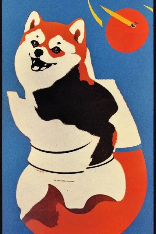 Image similar to Shiba Inu cosmonaut portrait, moon mission, 60s poster, 1968 Soviet Japanese