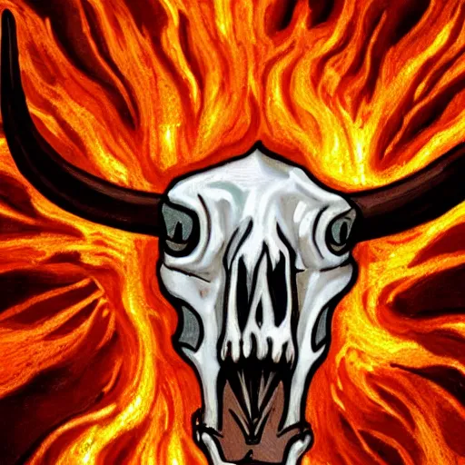 Image similar to a screaming angry cow skull, on fire, scary