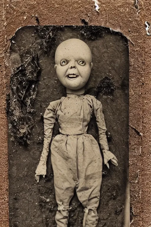 Image similar to dirty cracked crying vintage demonic mouthless bald doll sitting in dirt basement cobwebs tintype photo