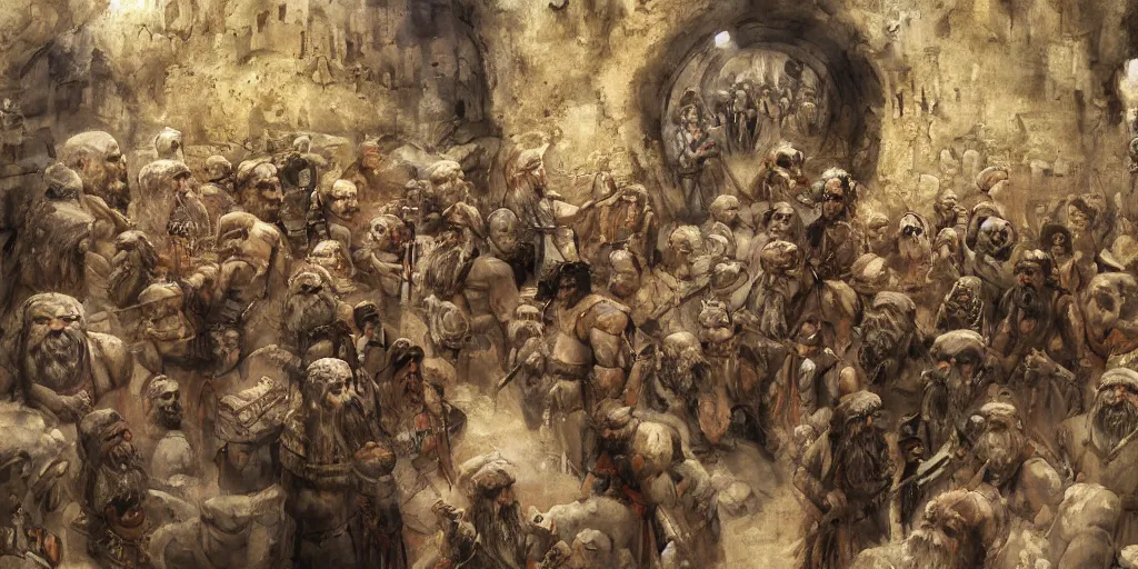 Image similar to sumerian underground city ancient dwarves, drawn by viktor vasnetsov, beautiful faces, symmetrical faces dwarven dungeons, cities of mesopotamia, moriya, oil painting, harsh fairy tale, soft style, hyperrealism, beautiful, high resolution, trending on artstation,