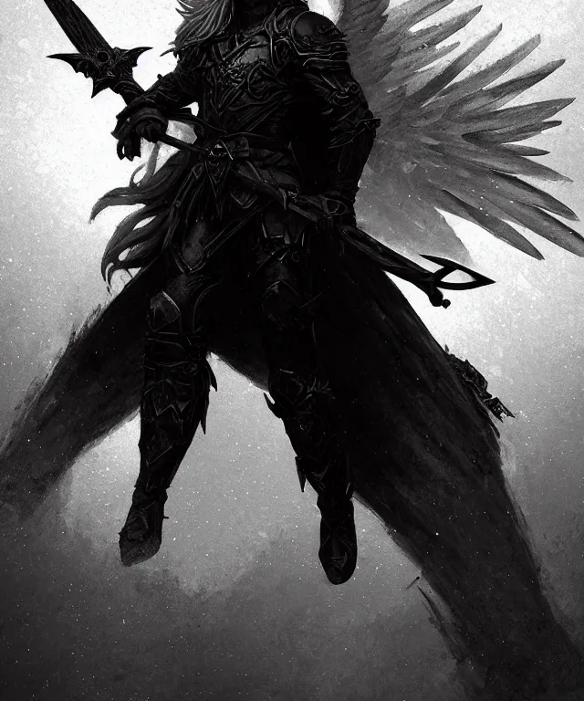 Image similar to dark blizzard art, portrait of fallen man angel kneeling with a sword and wings, bokeh. dark art masterpiece artstation. 8k, sharp high quality illustration in style of Jose Daniel Cabrera Pena and Leonid Kozienko, concept art by Tooth Wu