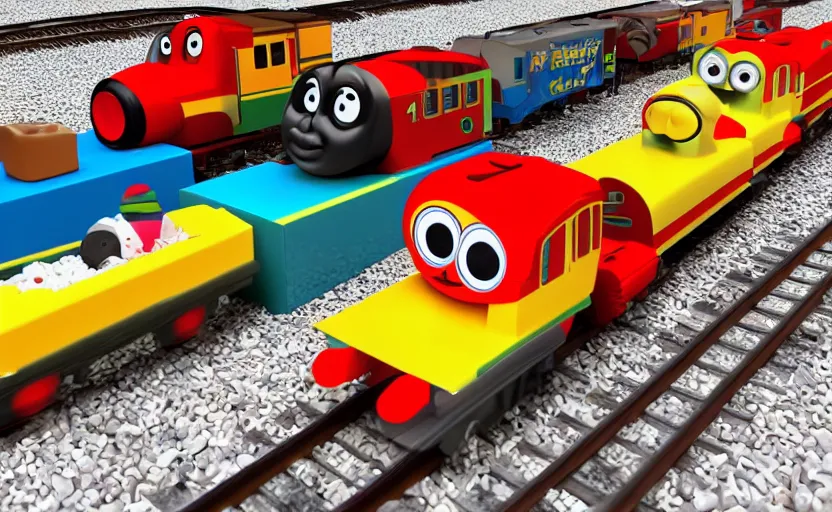 Image similar to four trains on tracks named speedy, sally, paul, and miguel : : children's show : : in the style of thomas the tank engine : : photography, 3 d render, happy mood