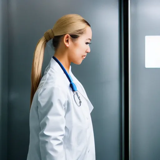 Prompt: full body profile of cute female nurse, blond hair. ponytail, white coat, in an elevator, daniel kim, tight focus, 2 5 mm lense