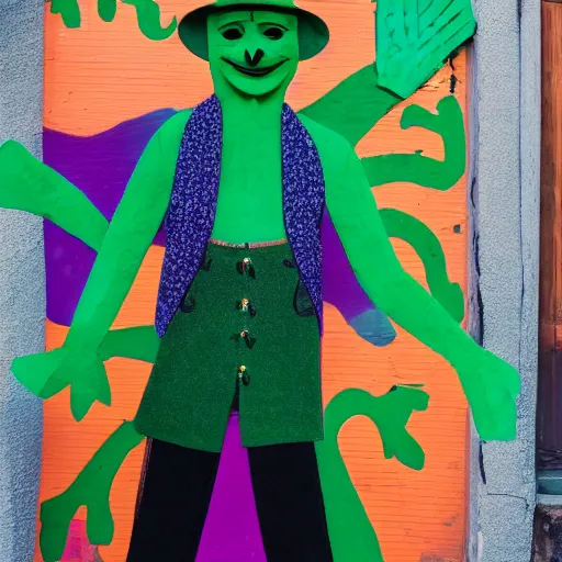 Prompt: Green man with a smug face and a fedora, wearing colorful outfit, uneven arms, in an alleyway, photo