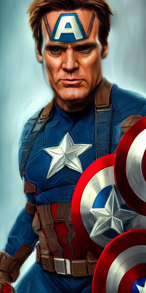 Prompt: captain america played by jim carrey, face portrait, battle shot, hd shot, fantasy art, artstation, comic style